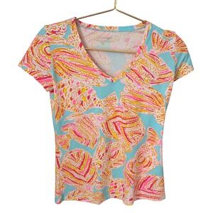 Lilly Pulitzer V-Neck Top‎ Fish Print Colorful Short Sleeve Tee Size XXS